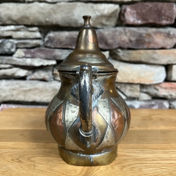 VTG Moroccan Teapot Handcrafted Silver Copper Brass Pieced Boho Decorative - Picture 3 of 8